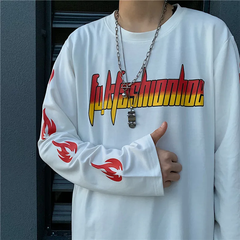 Lychee Harajuku Свободные женские футболки с вырезом лодочкой футболки с принтом пламени и буквами женская футболка Топ Весна Осень Женские футболки топы