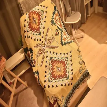 

Morocco Style Embroidered Geometric Sofa Blanket Cover With Tassels Cotton Knitting Thick Persian Tablecloth Outdoor Picnic Mat