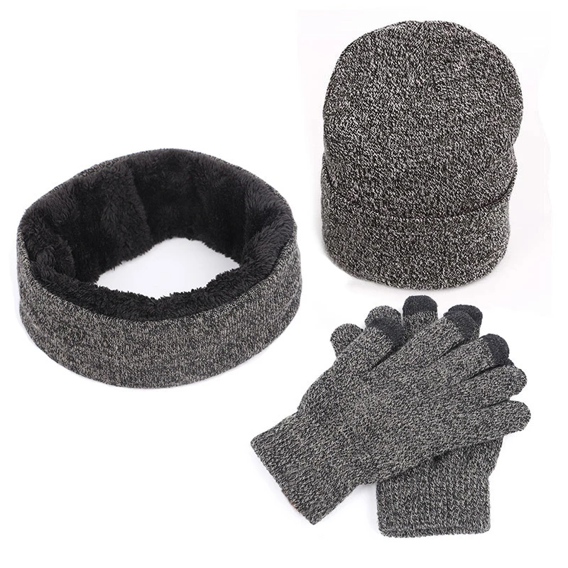 Модная мужская зимняя шапка, теплая, толстая, из трех частей, хлопок, плюс бархат, вязаная шапка, шарф, утолщенные перчатки, уличная, лыжная, повседневная, Новинка - Цвет: Gray