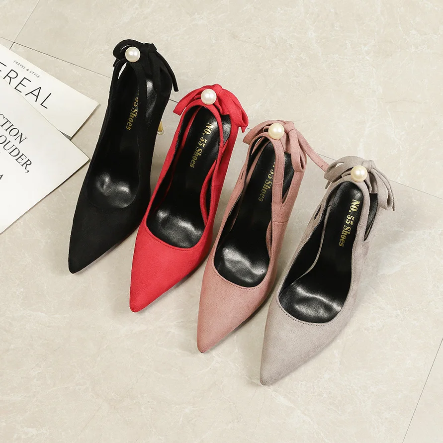 

New 2020 High Heels Women's Shoes Pointed-toe Suede Bowknot Metal Fine Heel Pumps Wedding Shoes Red Black Spring stilettos mujer