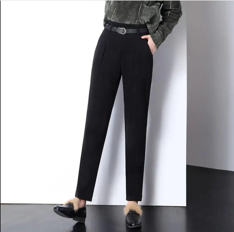 Winter Wool Pants Women Korean High Waist Belted Harem Trousers Female Elegant Autumn Warm Long Work Office Pants Plus Size - Цвет: Черный