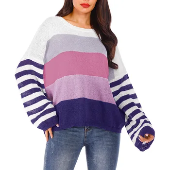 

Autumn Winter Women Sweater Plus Size O-Neck Patchwork Striped Loose Casual Sweater Striped Pullover
