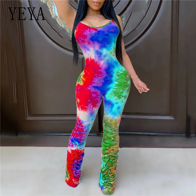 

YEYA Tie Dye Print Spaghetti Strap Jumpsuit Women Summer Stacked Pants Sexy Rompers Night Club Outfits Party Overalls Female
