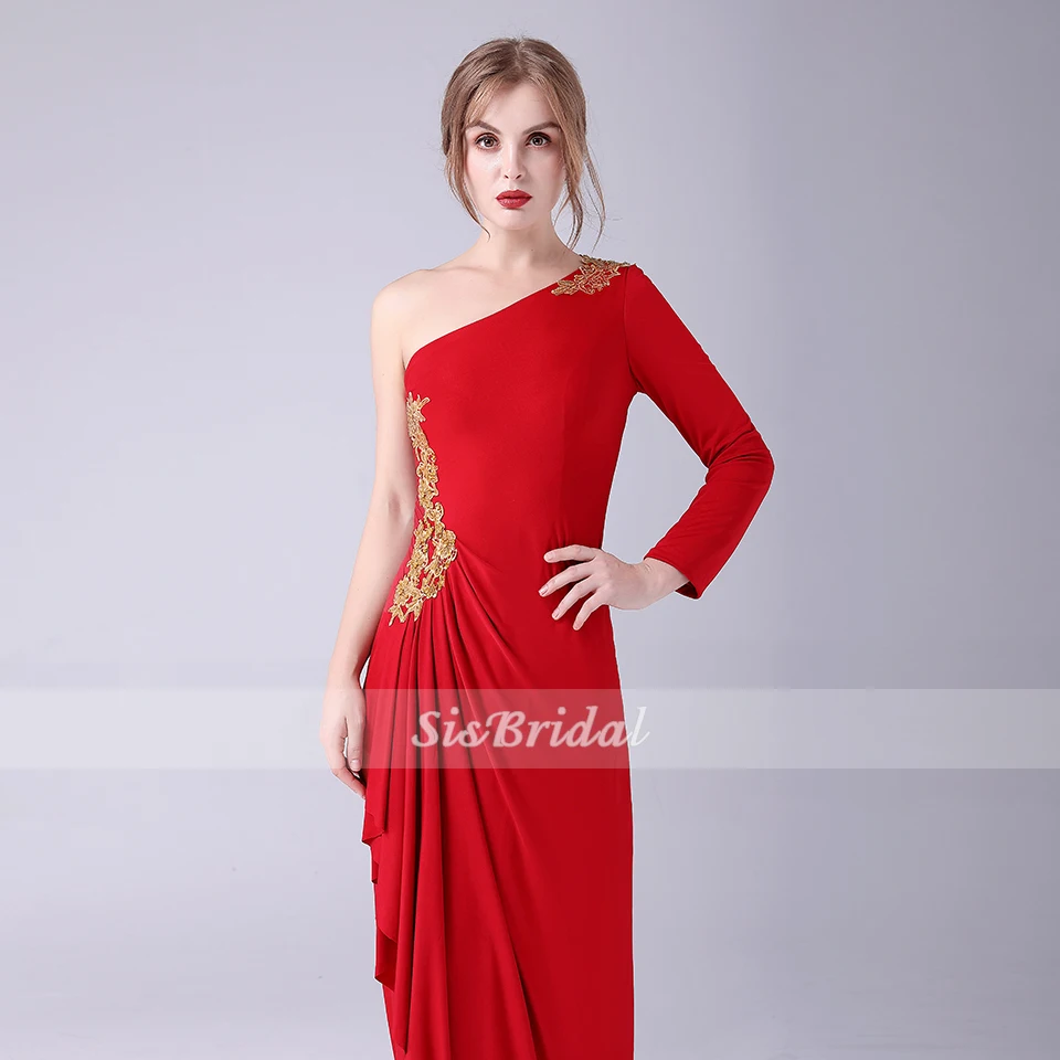 Sheath / Column One Shoulder Ankle-length Chiffon Evening Dress with Appliques Side-Draped