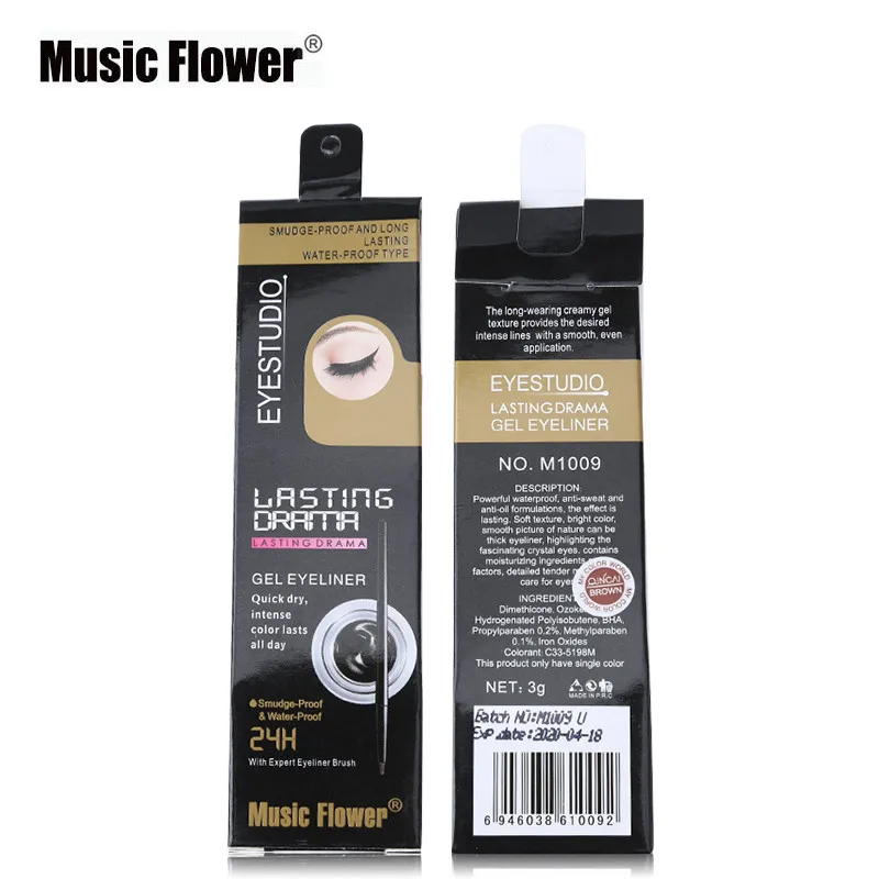 Music Flower Brand Black Waterproof Eyeliner Gel Makeup Cosmetic Gel Eye Liner With Brush 24 Hours Long-lasting For Women