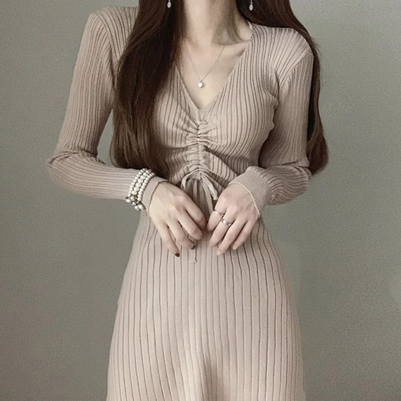 

One-Piece Woman Pleated Drawstring Dress Elegant V-Neck Korean Long Sleeve Knitted Sweater Dresses 2020 Autumn Slim Waist Dress