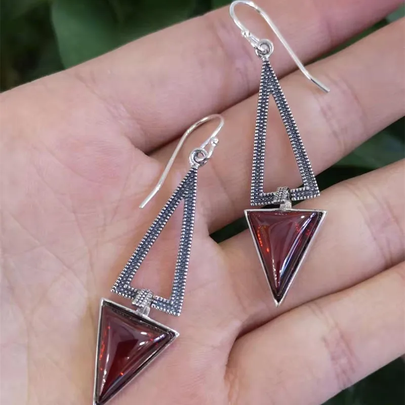 Красный Uglyless серьги с геометрическим халцедоном и драгоценными камнями, Женские Простые Винтажные серьги-подвески из марказита, серебро 925 пробы, E1553 - Цвет камня: Красный