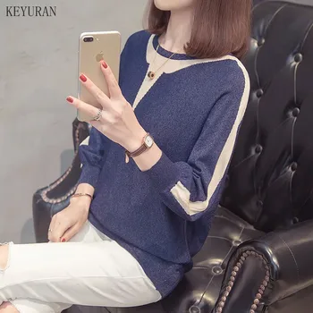 

Korean Patchwork Ice Silk Tnin Knitted Sweater Women 2020 Spring New O-Neck Long Sleeve Tops Loose Pullover Sweaters Plus Size