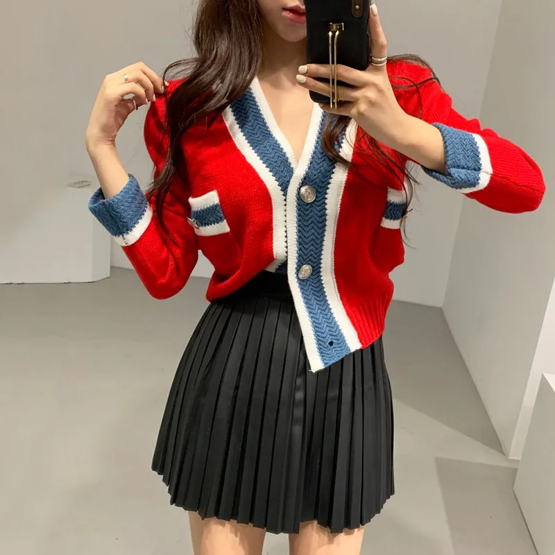 red cardigan women RealShe, женский кардиган,, v-образный вырез, длинный рукав, карманы, пуговицы, свитеры, кардиган для женщин, весна, Повседневный, тонкий, Свитера для девушек - Цвет: red cardigan women