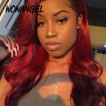 

Wowangel Burgundy 99J Lace Front Human Hair Wigs Colored Body Wave Pre Plucked Bleached Knots Brazilian Remy Hair Transparent