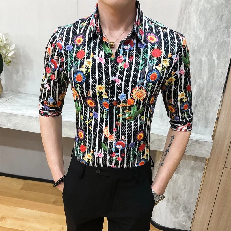 

Клуб смокинг Ночная рубашка в полоску социальных размера плюс 4XL-M новые летние Для мужчин Рубашка в полоску с коротким рукавом Slim Fit парикмахера рубашки Для мужчин