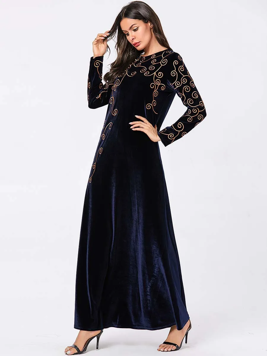 Мусульманское длинное платье вечернее бархатное в мусульманском стиле для зимы