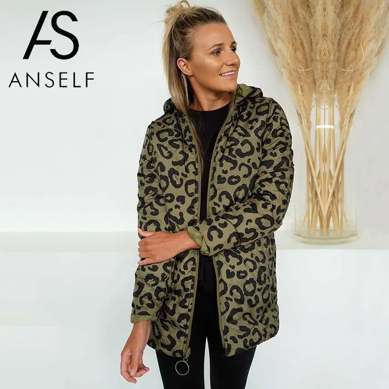 Парка женская зимняя с леопардовым принтом длинным рукавом и капюшоном | Женская