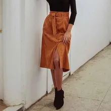 Женская юбка, ropa mujer, Женская Вельветовая юбка с высокой талией на пуговицах, Юбка До Колена, женская одежда, осень