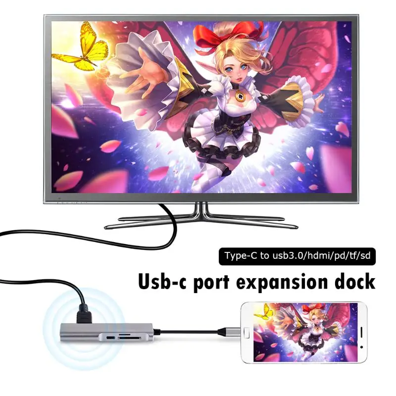5-в-1 Тип C Многофункциональный 5 Гбит/с концентратор USB-C для USB3.0+ HDMI+ TF слот для карт+ PD Мощность Порты и разъёмы адаптер Портативный расширения док-станция для ПК