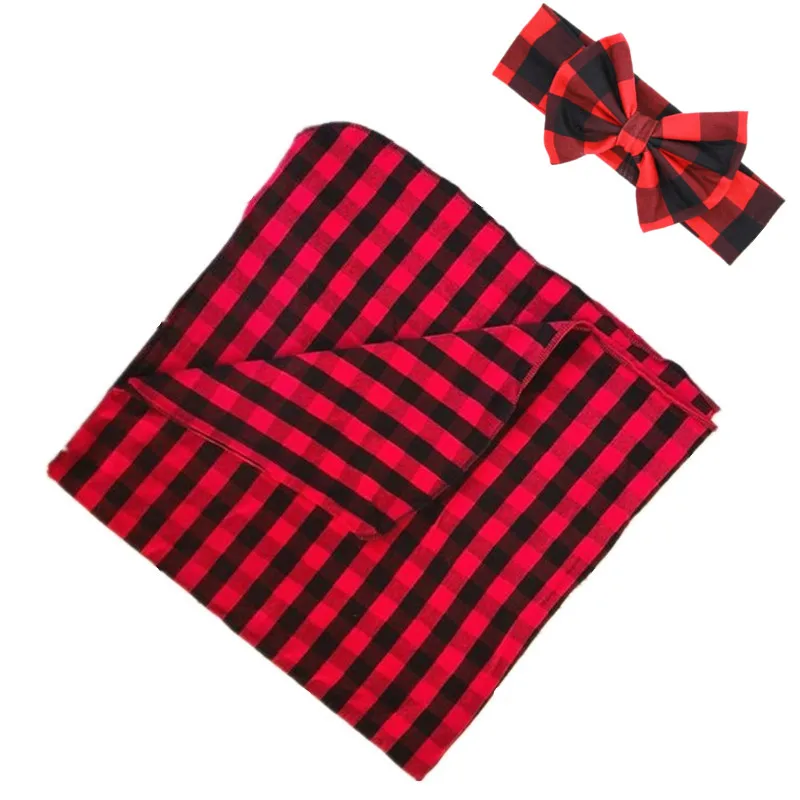 

Newborn Christmas Swaddle Blankets Infant Xmas' Red Plaid Swaddles+Hat +Handband Bebe Baby Hold Wraps 50