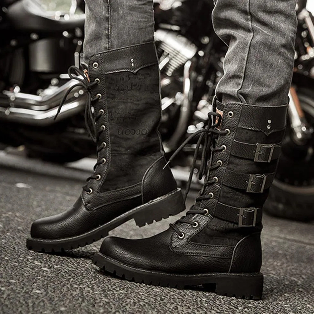 Мужские кожаные ботинки в байкерском стиле; высокие ботинки для верховой езды; военные ботинки; ботинки в готическом стиле с ремешком в стиле панк; Мужская обувь; армейские ботинки