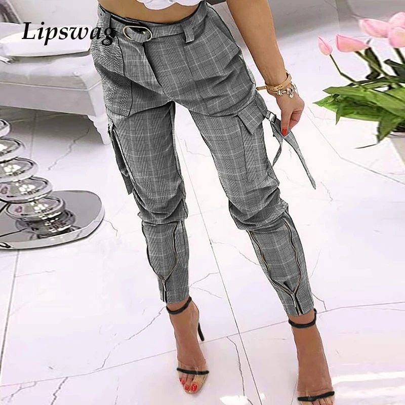 Pantalones Cargo elegantes con estampado a cuadros para mujer, calzas ajustadas de cintura alta con diseño de cremallera, ropa de calle informal para oficina