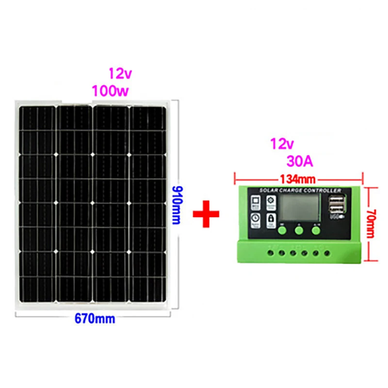 1 pc 100w solar power panel 12v photovoltaic panel, household monitoring lighting charging bottle system + 12v controller