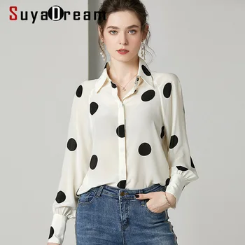 

SuyaDream Women Dots Printed Blouses 100%Silk Crepe 2020 Spring Long Sleeved Turn Down Collar Office Blouse Shirt