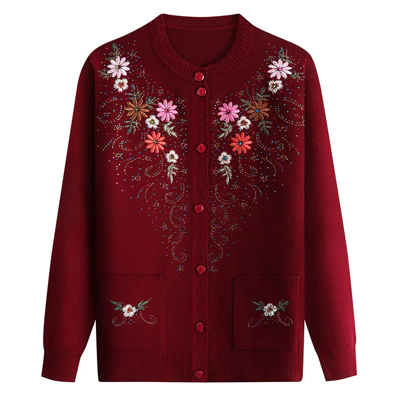 

2023 New Winter Cardigan Jacket Elderly Women Knit Sweater Coats Knit embroidery Sweater Female Grandma Sweaters Cardigans R446