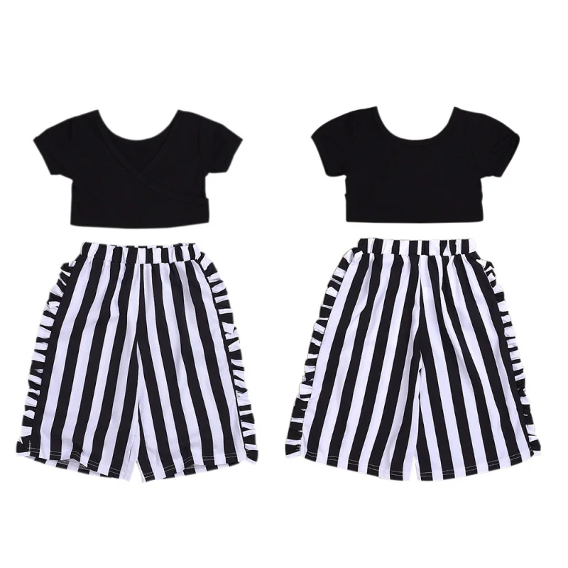 

2Pcs/Set Summer Baby Girls Casual Short Sleeve T-shirt Tops+Striped Print Pants Suits