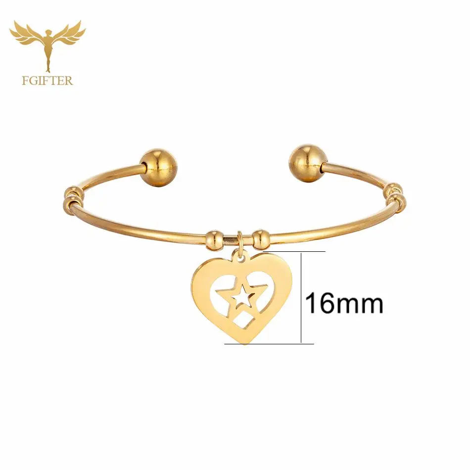 Star Heart Charms Hanging Cuff Bangle Golden Stainless Steel Jewelry Women Bracelet With Pendant Girlfriend Wife Couple Gift
