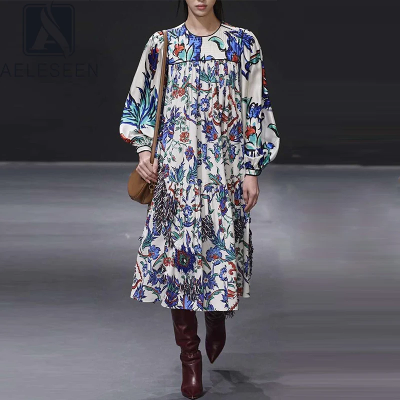 AELESEEN Runway Fashion Women Dress Designer New Arrival Autumn Fall Dress Long Sleeve Loose Style Flower Print Casual Dress AELESEEN Runway Fashion Women Dress Designer New Arrival Autumn Fall Dress Long Sleeve Loose Style Flower Print Casual Dress