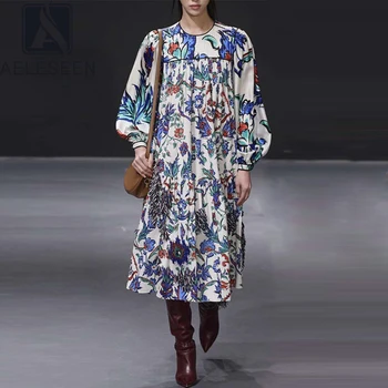 

AELESEEN Runway Fashion Women Dress Designer New Arrival Autumn Fall Dress Long Sleeve Loose Style Flower Print Casual Dress