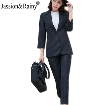 

Korean Slim Stripe Temperament Waist Women High End Female All Match Suit elegant