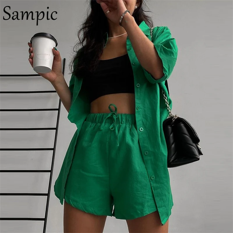 Sampic Casual Lounge Wear Summer Green Tracksuit Women Shorts Set Short Sleeve Shirt Tops And Loose Mini Shorts Two Piece Set loungewear sets