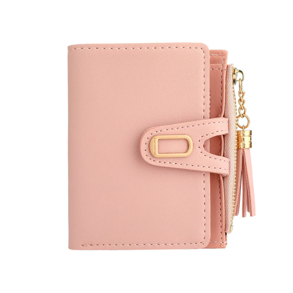 

2019 ladies tassel wallet short leather buckle zipper solid color coin purse multi-card position portemonnee vrouwen#
