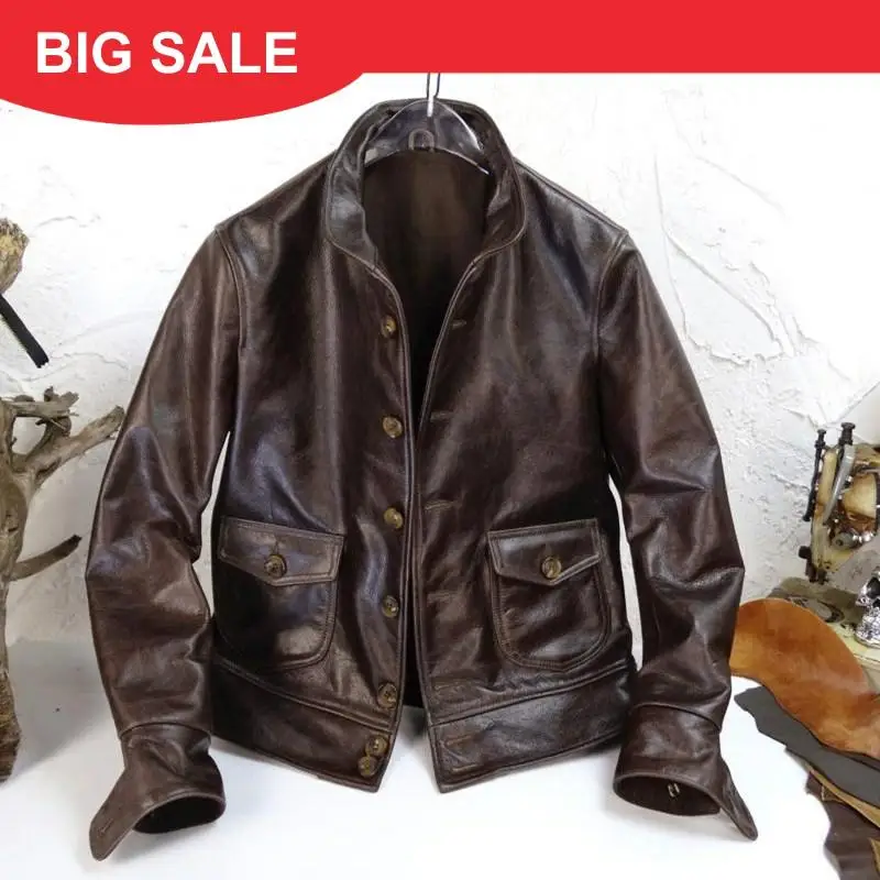 

2020 Dark Brown American Casual Style Leather Jacket Single Breasted Large Size XXXXL Genuine Cowhide Autumn Casual Leather Coat