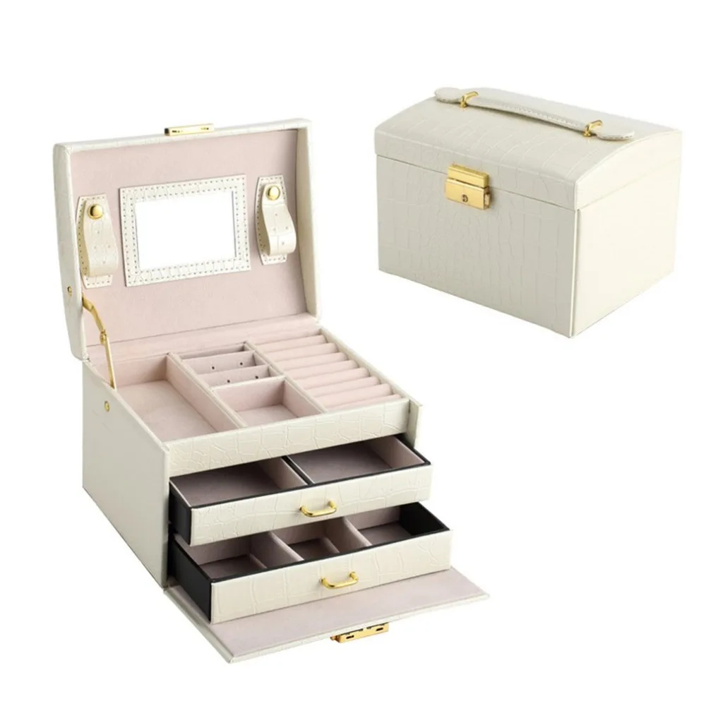 

Three Layers Jewelry Box Drizzle Grain Pattern PU Leathery Storage Organizer Double Drawers Jewelry Display Holder