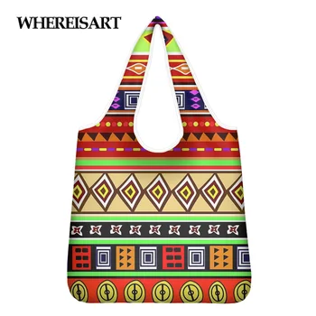 

WHEREISART Fashion Style Lady Totes Bag For Outdoor Shopping Colorful Tribe Art Pattern Printing Reusable Grocery Storage Bags