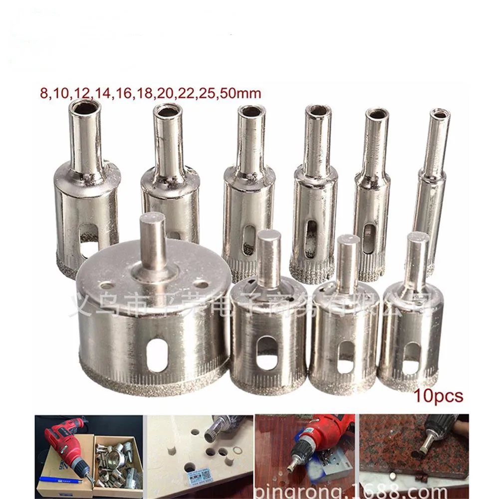 10pcs Diamond Coated Drill Bit Set Tile Marble Glass Ceramic Hole Saw Drilling Bits For Power Tools 8mm-25mm-50mm 4 80mm adjustable tile punch locator drill bit hole saw guide jig fixture vacuum suction base sucker for ceramic glass marble