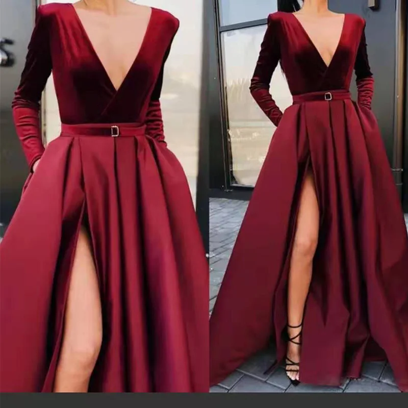 

Vestidos Vintage Ball Gown Deep V Neck Long Sleeve Wine Red Sashes Split Evening Dresses for Women Cocktail Formal Party 2020