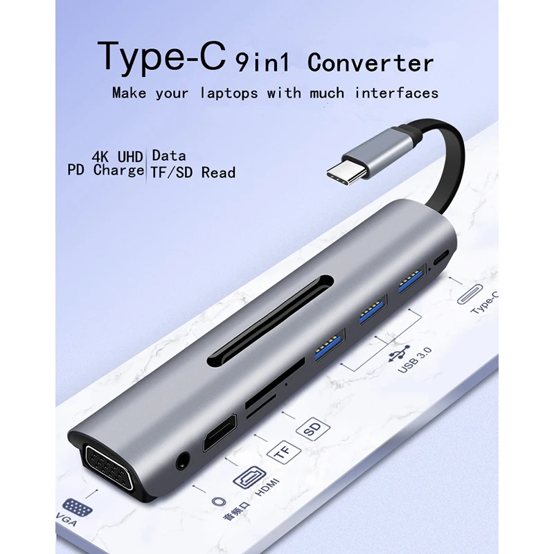 USB C концентратор тип-c к HDMI 4K VGA USB3.0X3 концентратор TF SD слот USB-C PD аудио Женский Портативный 9в1 адаптер для Macbook Pro