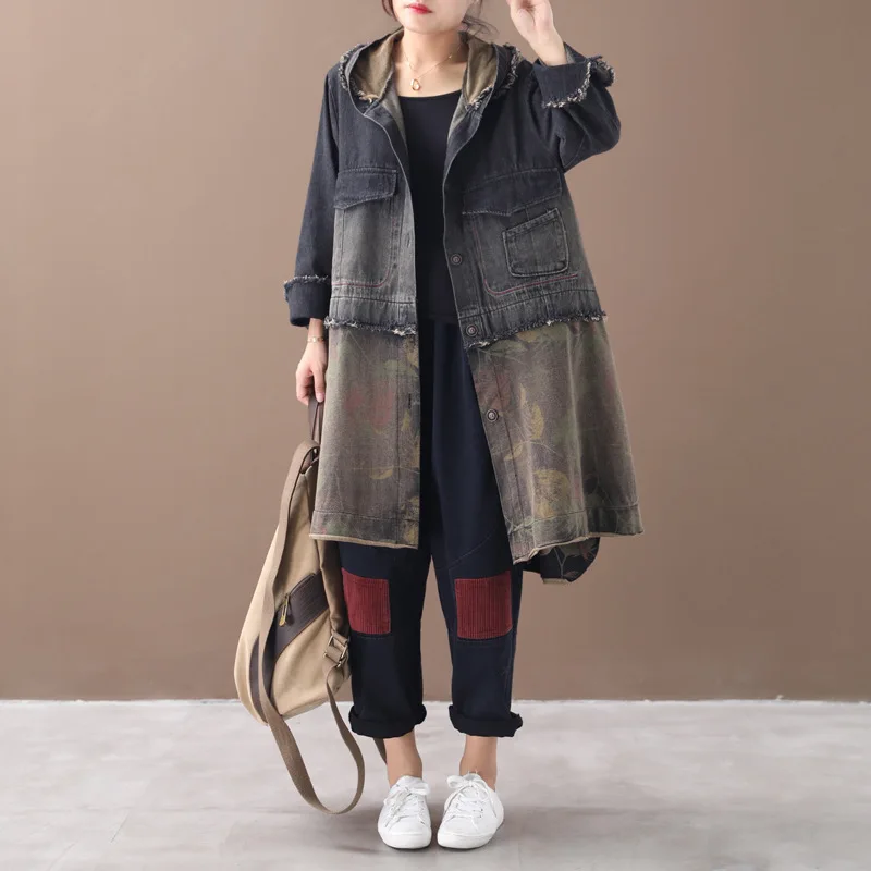 Женский Тренч Осень зима большой размер свободное Ретро джинсовое пальто