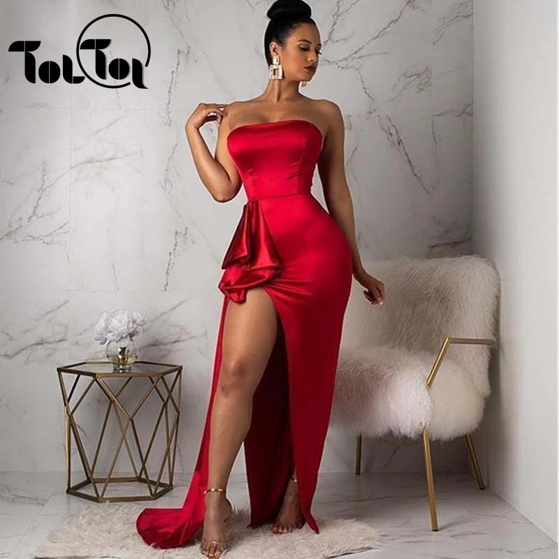 

Women Sexy Dress Summer Off Shoulder Cut Side Ruched Bodycon Party Dress Red Split Satin Solid Dress