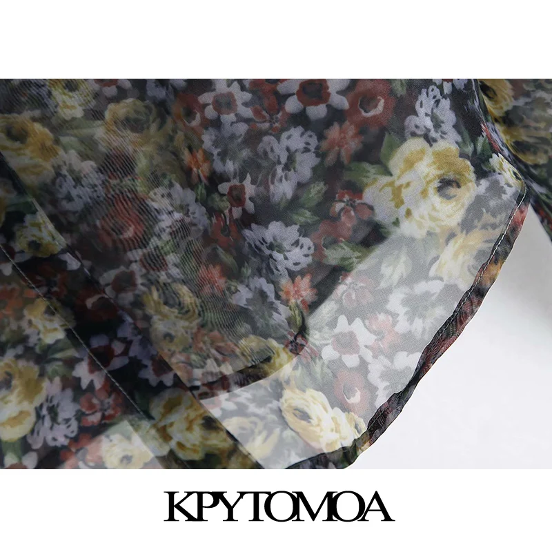 Vintage Stylish Transparent Floral Print Organza Blouses Women Fashion Bow Tie Collar Puff Sleeve Shirts Blusas Chic Tops