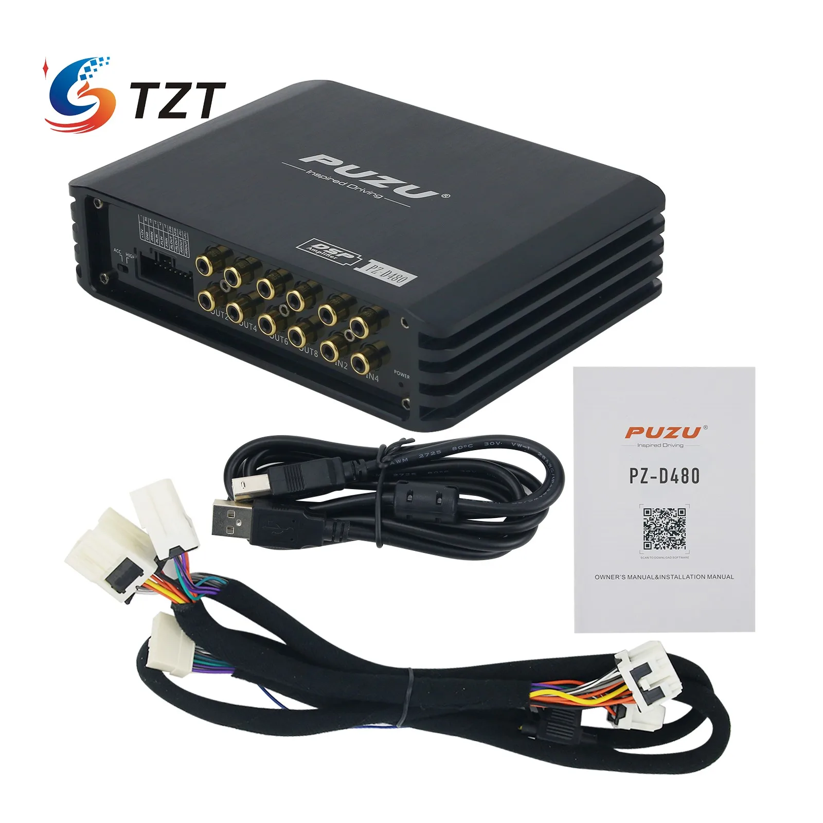 TZT PUZU PZ-D480 4ch to 8ch car DSP amplifier wiring harness plug and play with 4X180W max output power multi-language support |