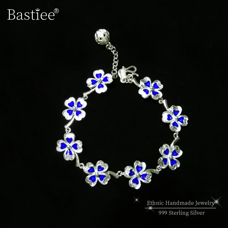 Цветок клевера, серебро 999 пробы, браслет для женщин, перегородчатая эмаль, роскошные ювелирные изделия, бохо, ручной работы, синие браслеты для женщин, винтажные