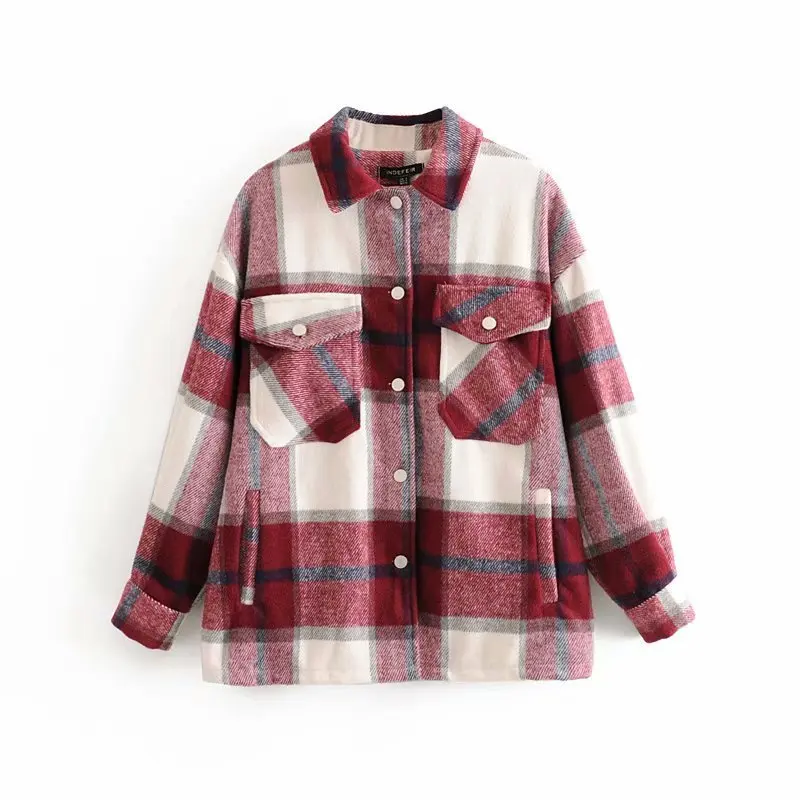 Winter Plaid Shirt Jacekt Loose Oversize Woolen Coat Women Vintage Button Jacket Windbreaker
