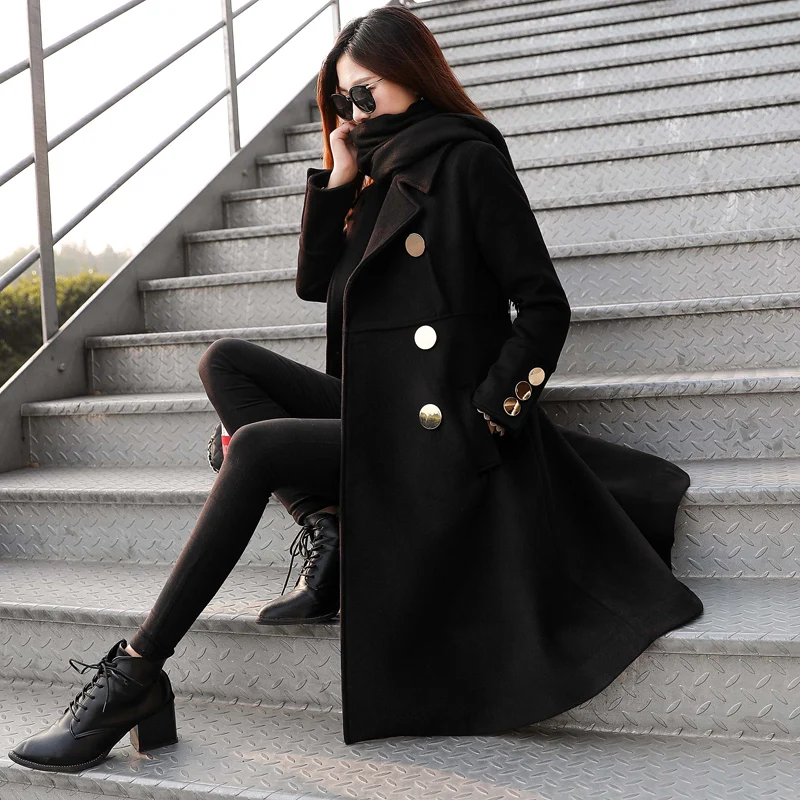 

Woolen coats female winter Women Black Elegant Wool Woolen Coats double breasted Long Sleeve slim wool blends warm coat