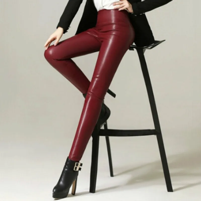 여성용 하이 웨이스트 싱글 레이어 모조 가죽 바지, 멀티 컬러 탄성 레깅스, 레드 블루, 4XL, 5XL, 2021, 새로운 디자인