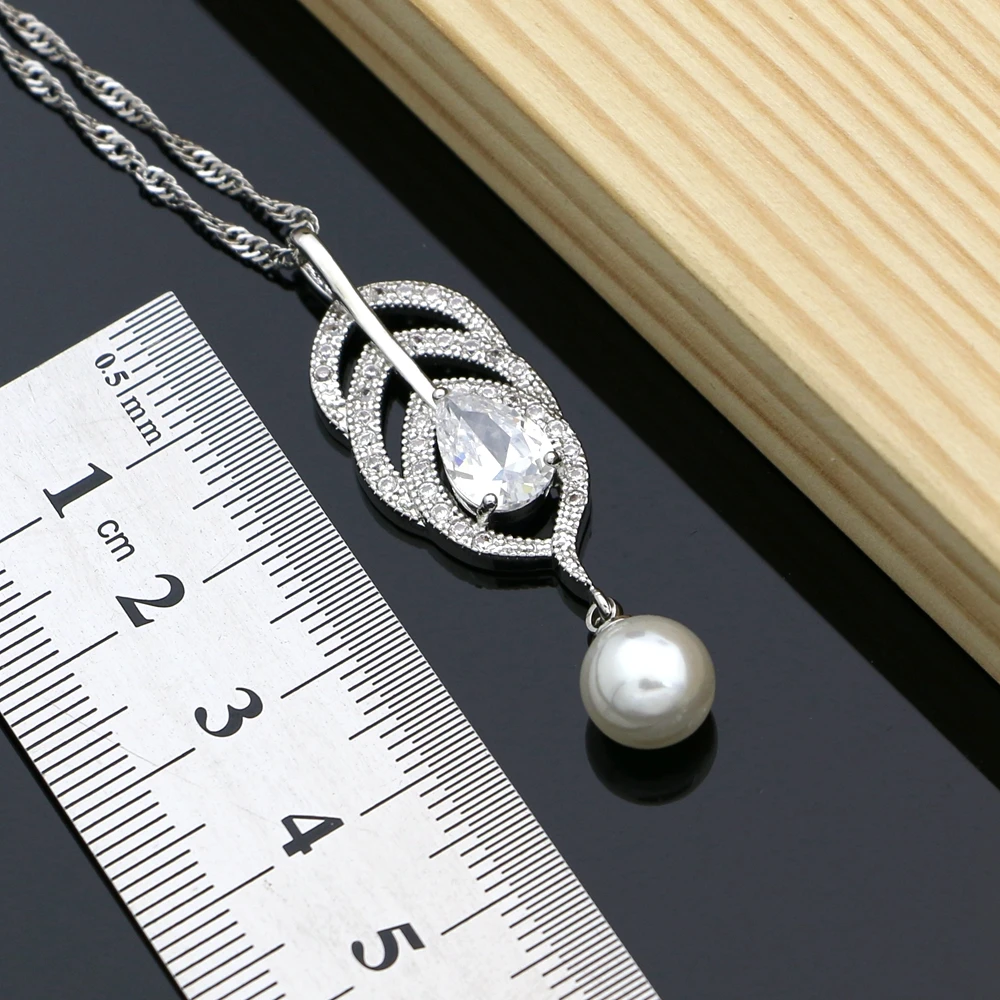 Silver Color Bridal Pearls Jewelry Sets Natural White Zircon Women Wedding Earrings Adjustable Ring Lover Necklace Set