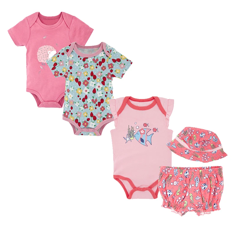 

Honeyzone 3pcs Baby Bodysuit Baby Girl Clothes Ubranka Dla Niemowlat Summer Baby Clothing 5 Piece Set Infant Cap Shorts 0-12m