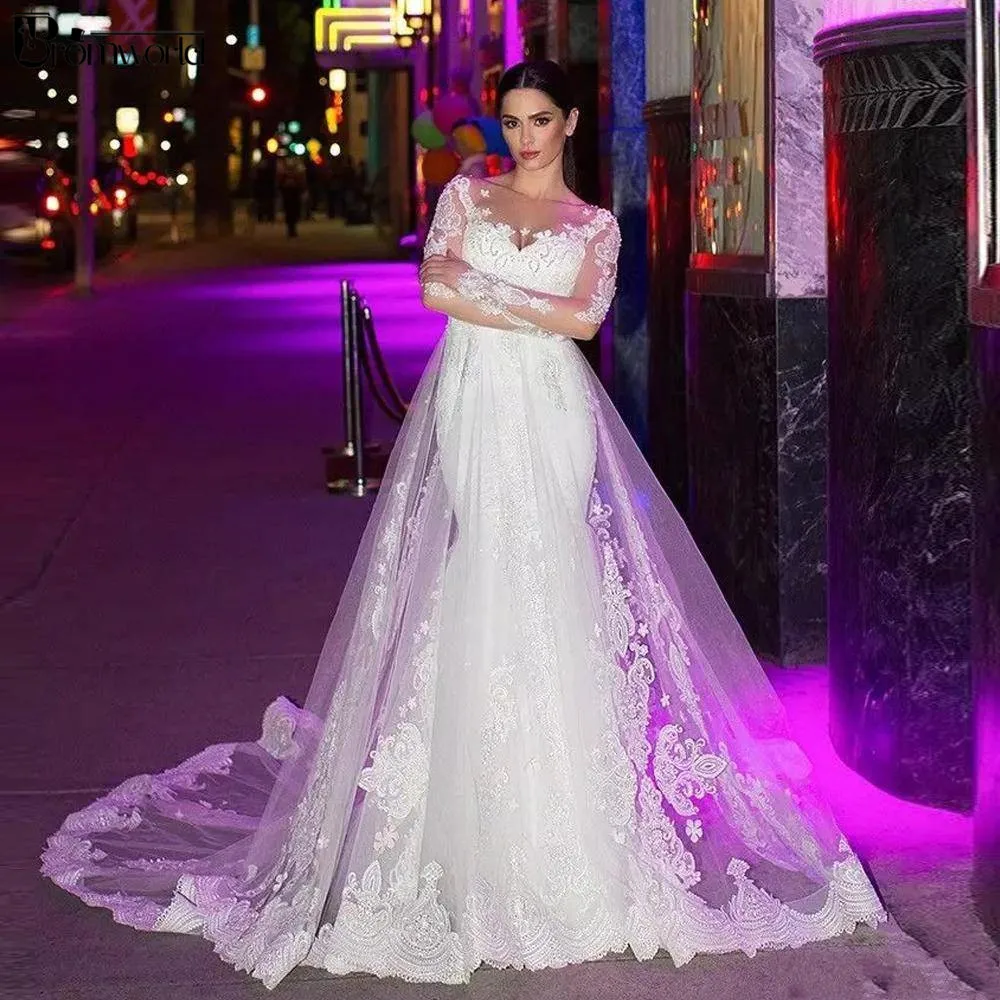 Иллюзия Длинные рукава Русалка Свадебные платья Кружева Аппликации Vestidos De Noiva съемный шлейф невесты платье свадебные платья