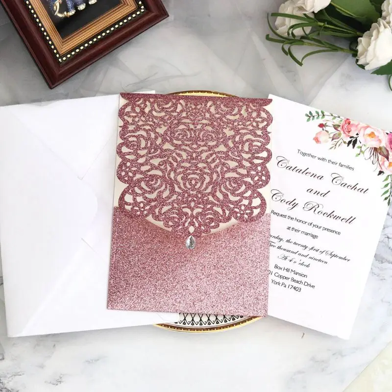  10pcs Laser Cut Glitte Rose Invitations Card with Rhinestone Kits Wedding Party - 4000313733838